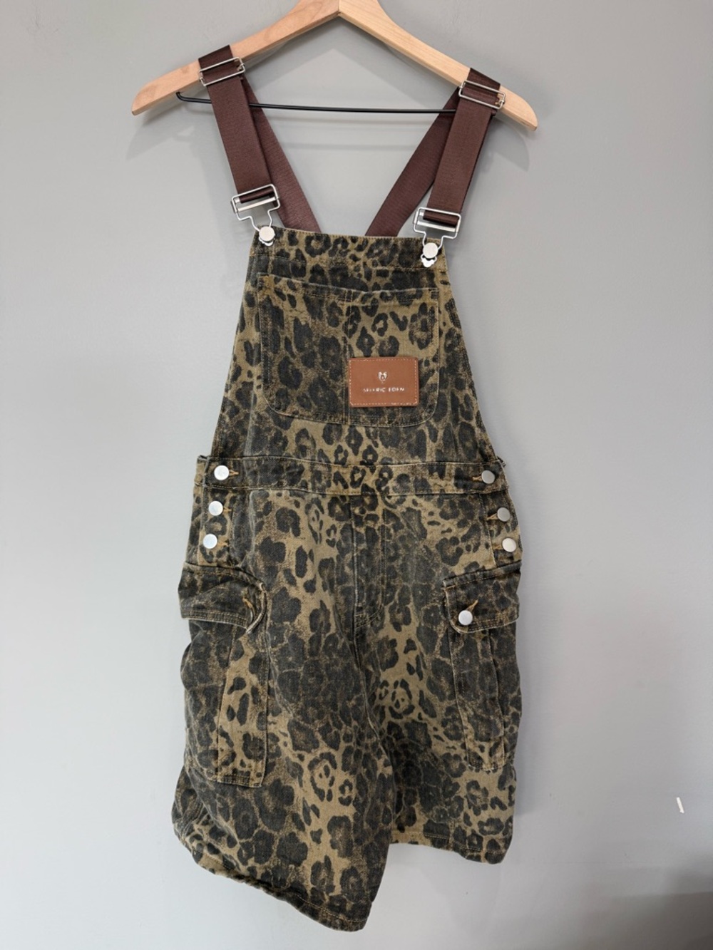 Aelfric Eden Olive Green Leopard Print Overalls with Brown Straps